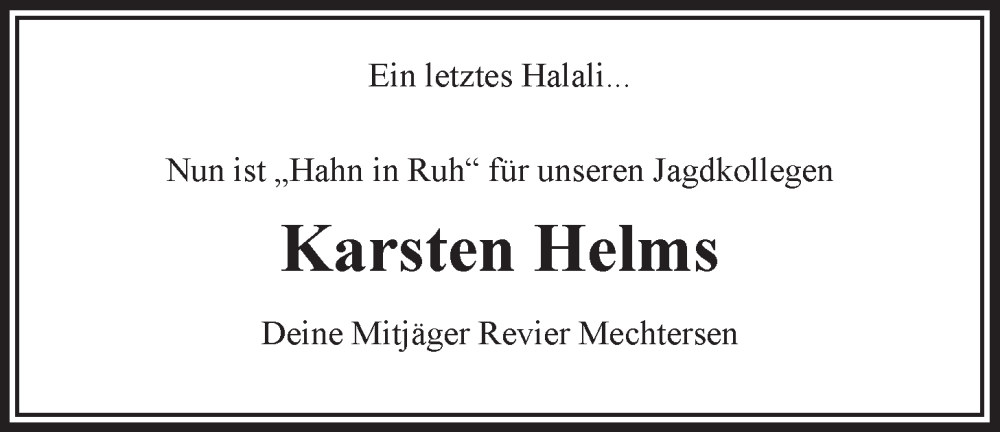  Traueranzeige für Karsten Helms vom 05.04.2025 aus LZ