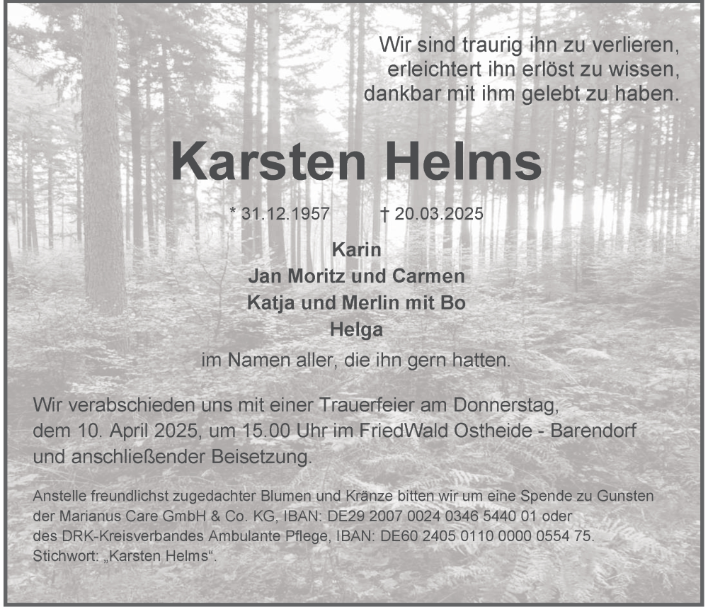  Traueranzeige für Karsten Helms vom 05.04.2025 aus LZ