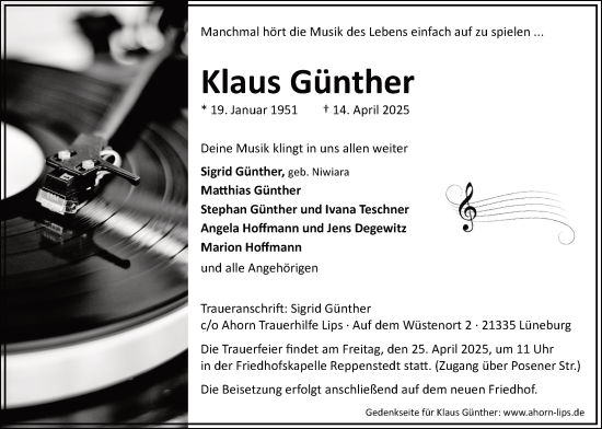 Anzeige von Klaus Günther von LZ