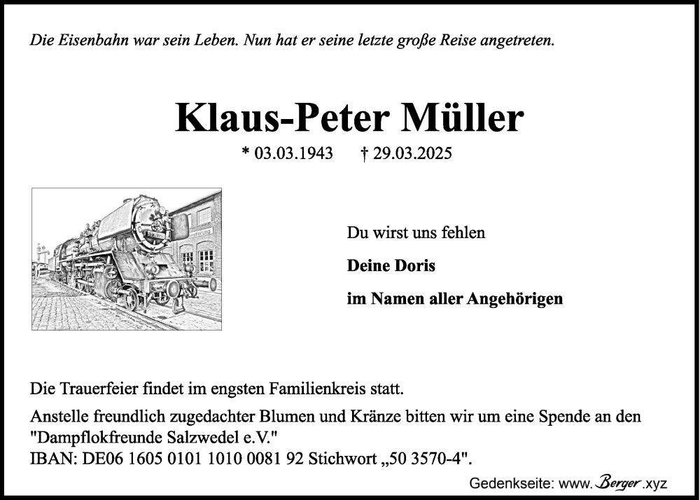  Traueranzeige für Klaus-Peter Müller vom 05.04.2025 aus LZ
