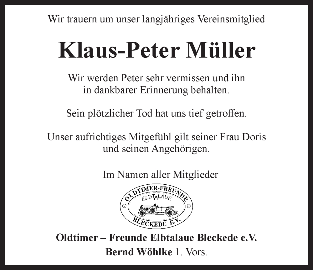  Traueranzeige für Klaus-Peter Müller vom 12.04.2025 aus LZ
