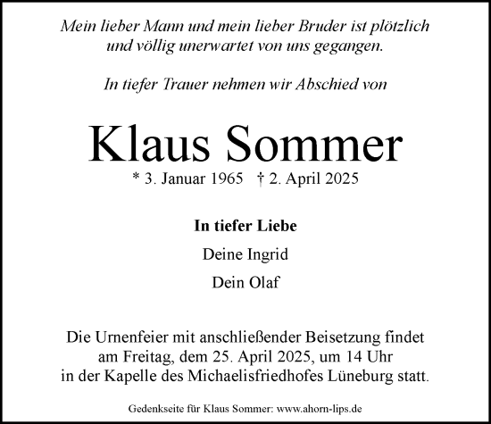 Anzeige von Klaus Sommer von LZ