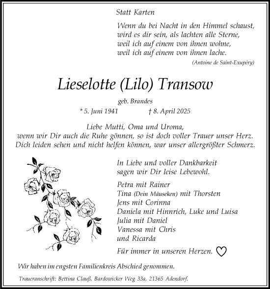 Anzeige von Lieselotte Transow von LZ