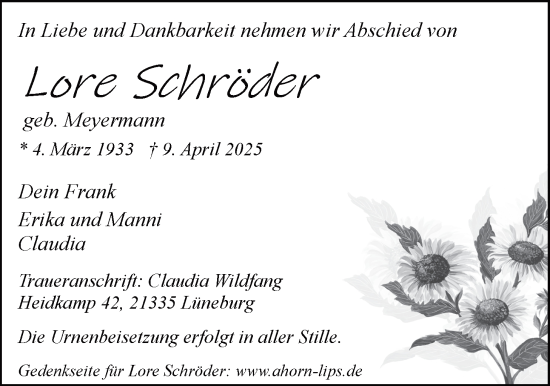 Anzeige von Lore Schröder von LZ