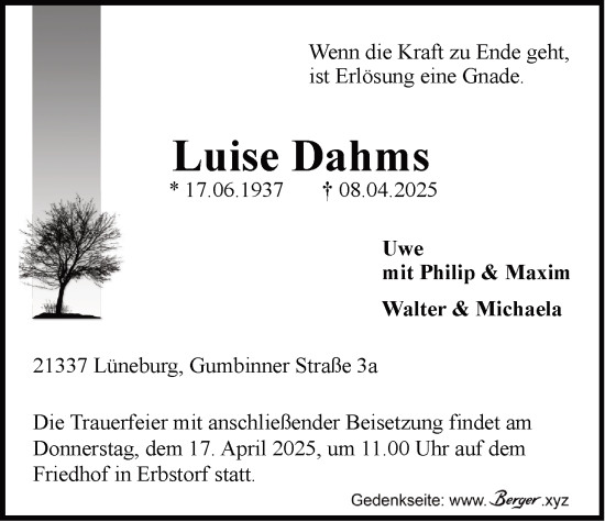 Anzeige von Luise Dahms von LZ