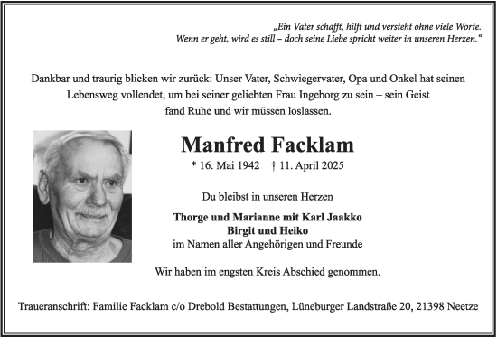 Anzeige von Manfred Facklam von LZ