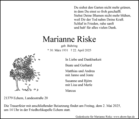 Anzeige von Marianne Riske von LZ