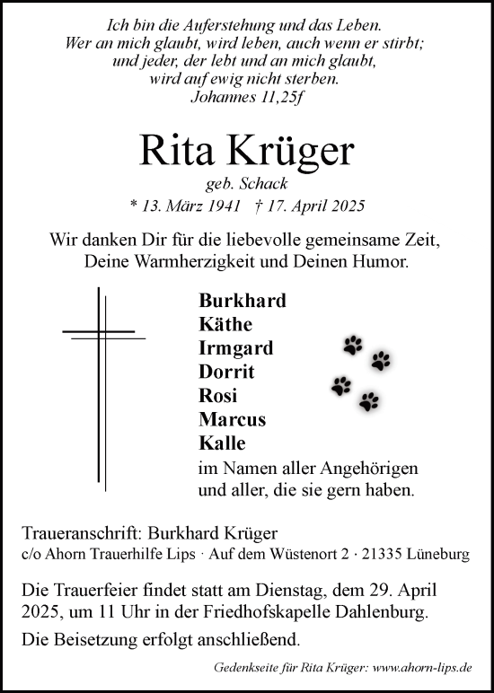 Anzeige von Rita Krüger von LZ