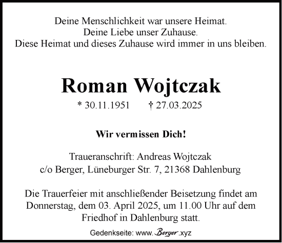 Anzeige von Roman Wojtczak von LZ