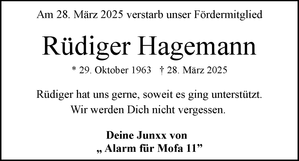  Traueranzeige für Rüdiger Hagemann vom 05.04.2025 aus LZ