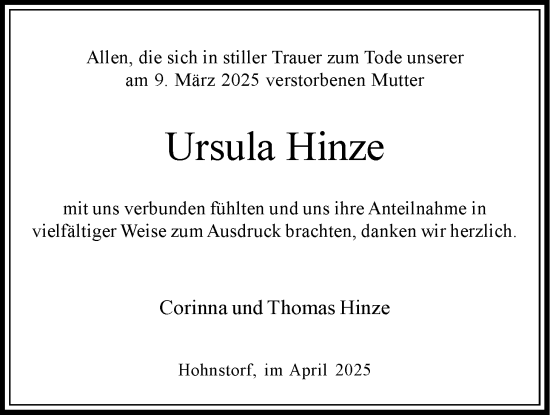 Anzeige von Ursula Hinze von LZ