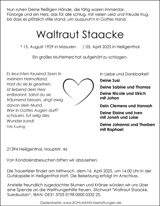 Anzeige von Waltraut Staacke von LZ