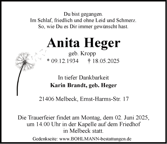Anzeige von Anita Heger von LZ