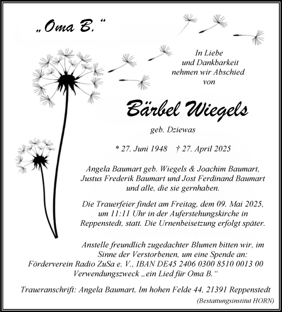Anzeige von Bärbel Wiegels von LZ
