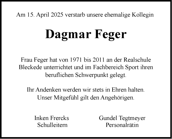 Anzeige von Dagmar Feger von LZ
