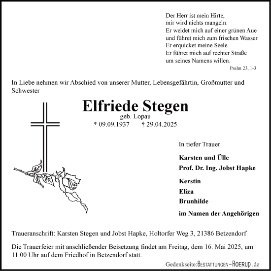 Anzeige von Elfriede Stegen von LZ