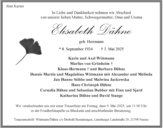 Anzeige von Elisabeth Dähne von LZ