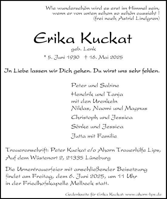 Anzeige von Erika Kuckat von LZ