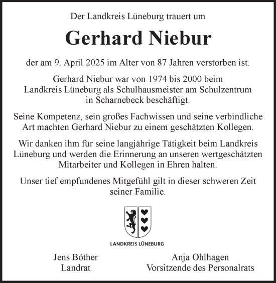 Anzeige von Gerhard Niebur von LZ