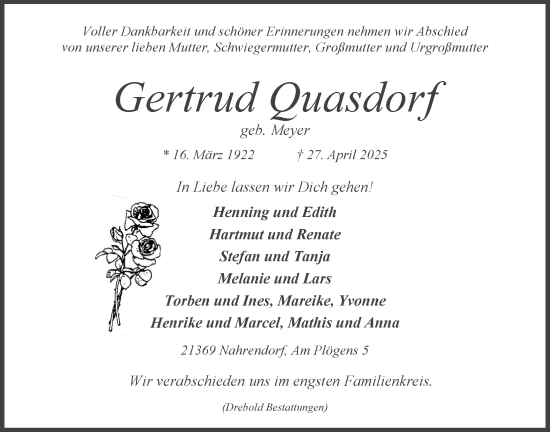 Anzeige von Gertrud Quasdorf von LZ