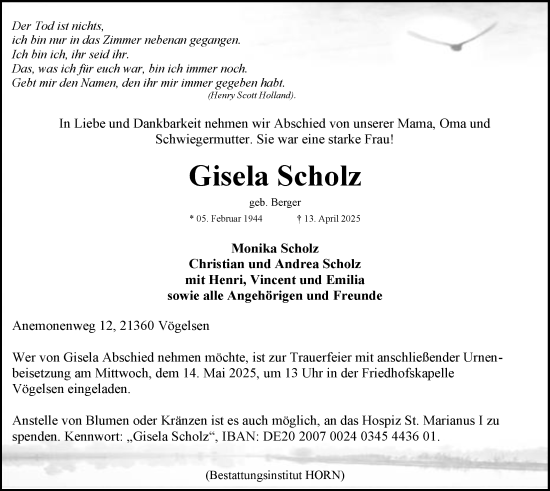 Anzeige von Gisela Scholz von LZ