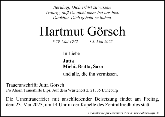Anzeige von Hartmut Görsch von LZ