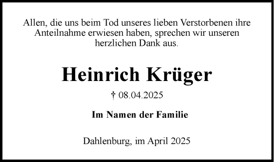Anzeige von Heinrich Krüger von LZ