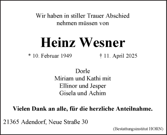 Anzeige von Heinz Wesner von LZ
