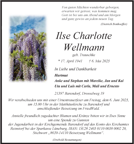 Anzeige von Ilse Charlotte Wellmann von LZ