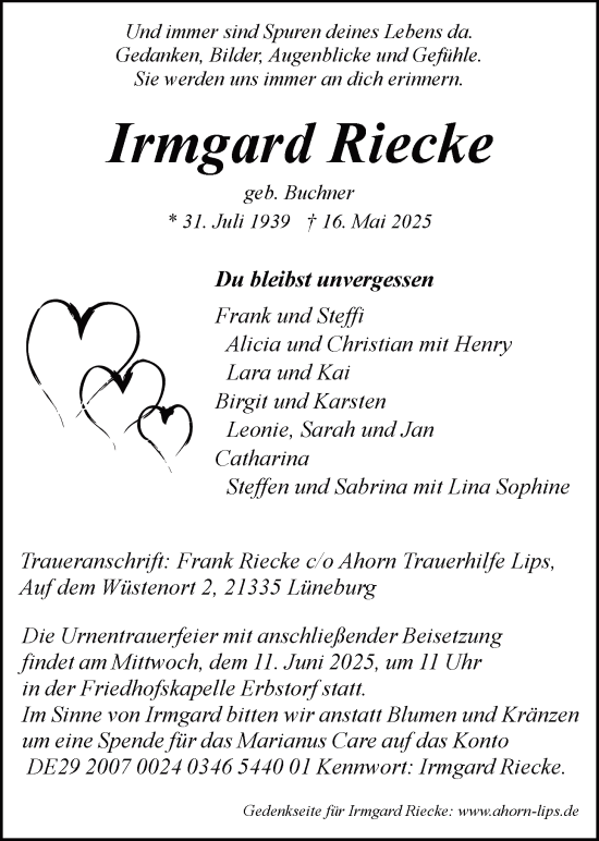 Anzeige von Irmgard Riecke von LZ