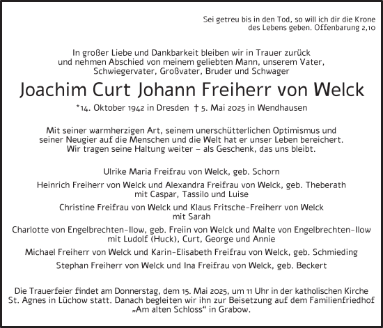 Anzeige von Joachim Curt Johann Freiherr von Welck von LZ