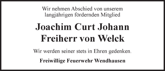 Anzeige von Joachim Curt Johann Freiherr von Welck von LZ