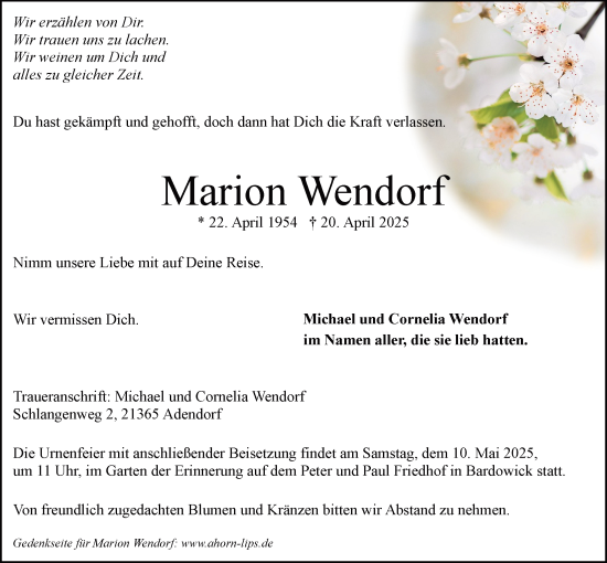 Anzeige von Marion Wendorf von LZ