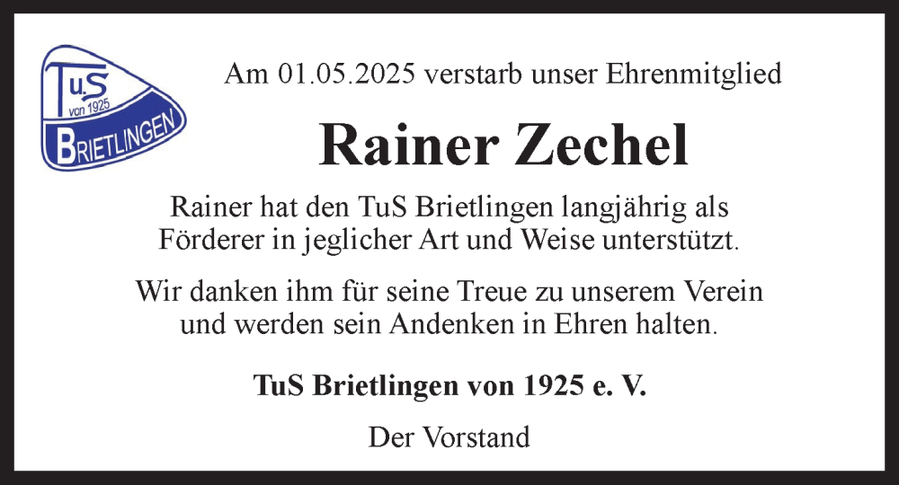  Traueranzeige für Rainer Zechel vom 10.05.2025 aus LZ