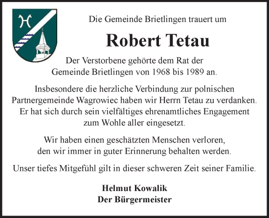 Anzeige von Robert Tetau von LZ