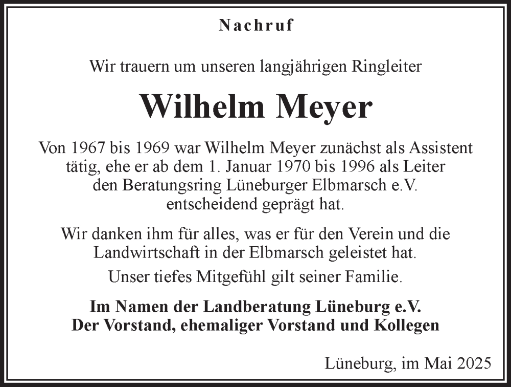  Traueranzeige für Wilhelm Meyer vom 10.05.2025 aus LZ