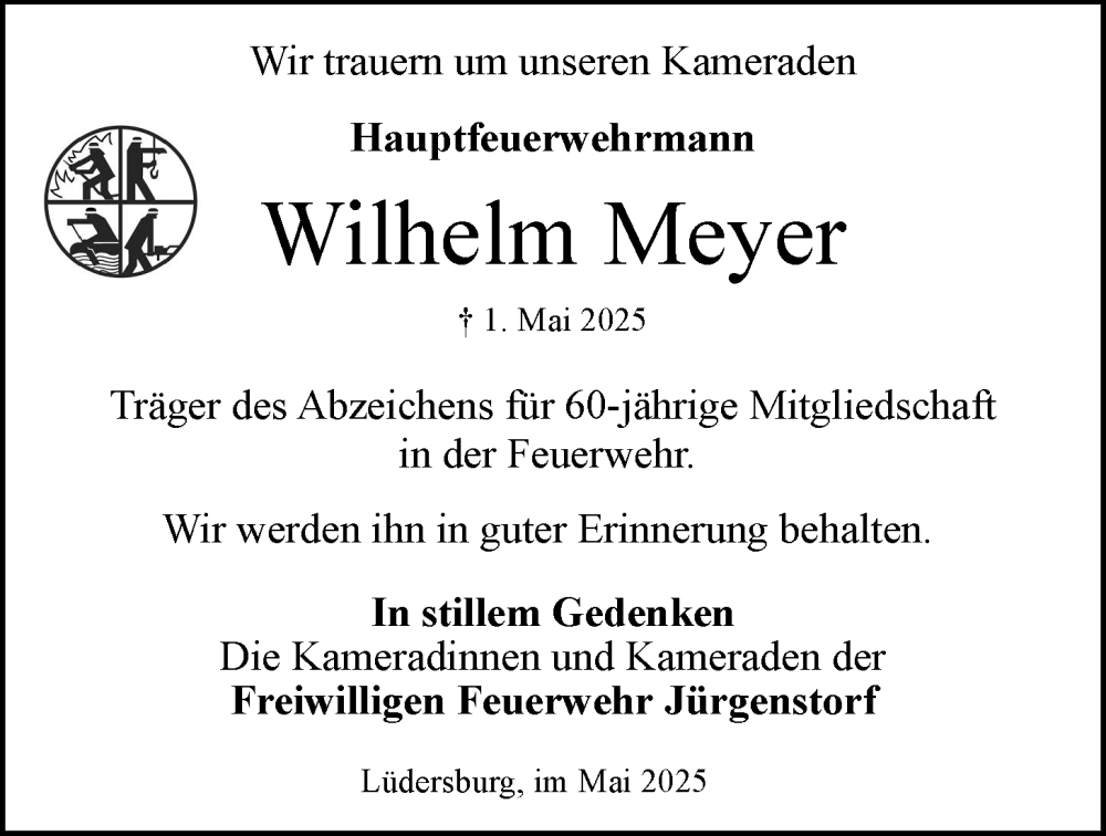  Traueranzeige für Wilhelm Meyer vom 10.05.2025 aus LZ