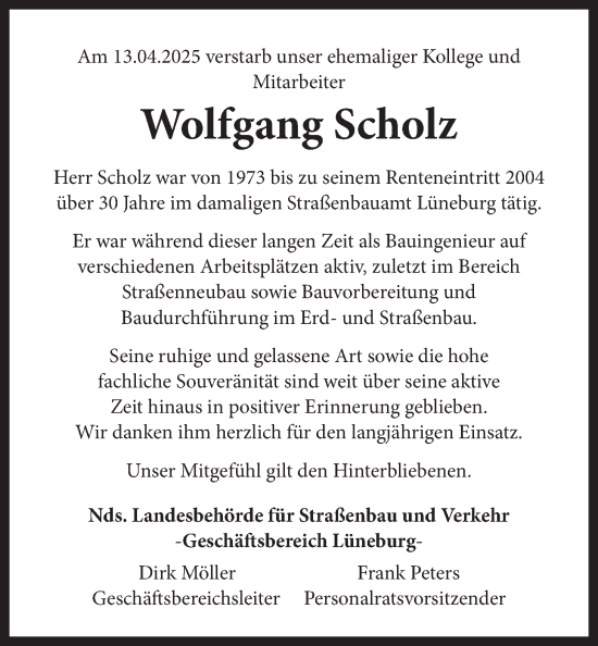 Anzeige von Wolfgang Scholz von LZ
