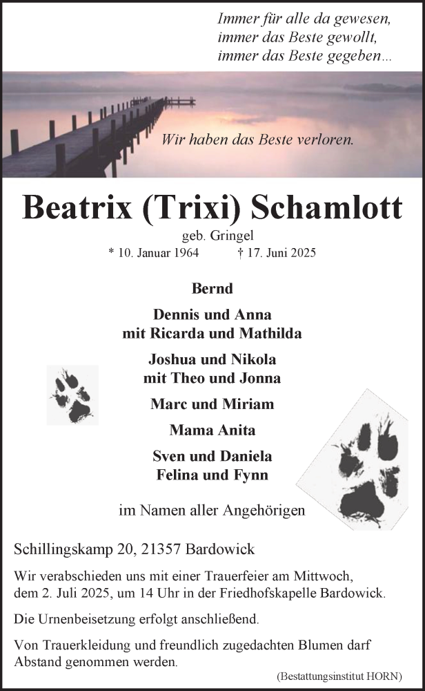  Traueranzeige für Beatrix Schamlott vom 28.06.2025 aus LZ