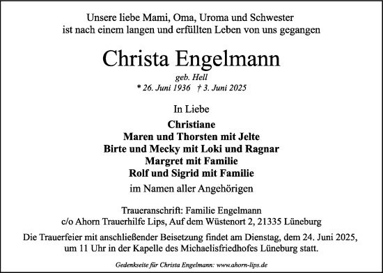 Anzeige von Christa Engelmann von LZ