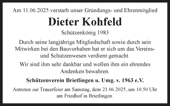 Anzeige von Dieter Kohfeld von LZ