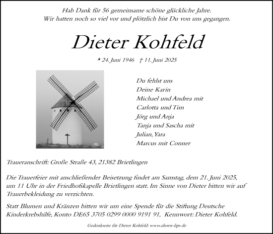 Anzeige von Dieter Kohfeld von LZ