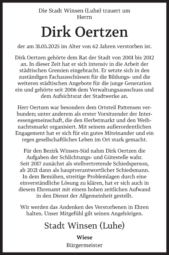 Anzeige von Dirk Oertzen von LZ