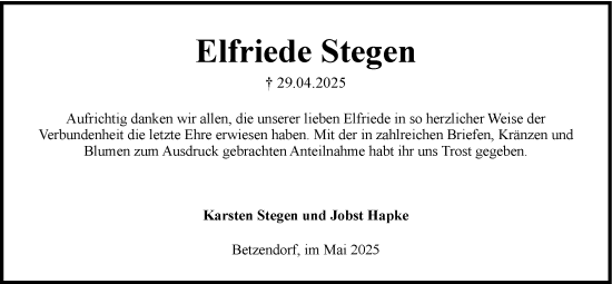 Anzeige von Elfriede Stegen von LZ