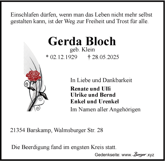 Anzeige von Gerda Bloch von LZ