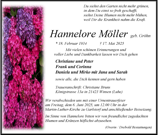 Anzeige von Hannelore Möller von LZ