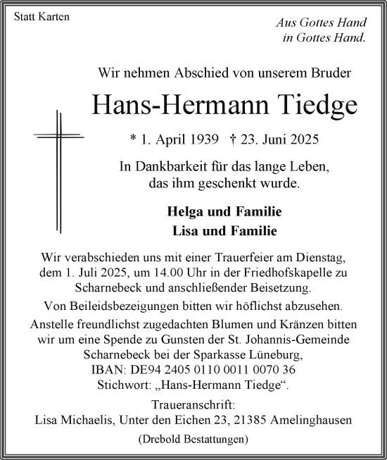 Anzeige von Hans-Hermann Tiedge von LZ