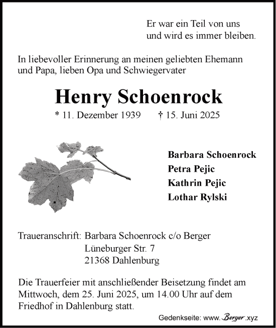 Anzeige von Henry Schoenrock von LZ