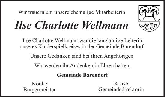 Anzeige von Ilse Charlotte Wellmann von LZ