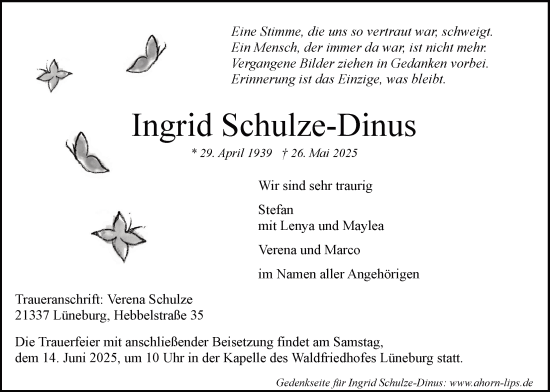 Anzeige von Ingrid Schulze-Dinus von LZ